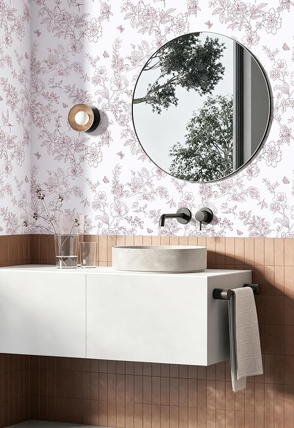 Froluya Floral Peel and Stick Wallpaper Vintage Red White 17.7in×118.1in | Red Floral Contact Paper Peel and Stick Boho Self Adhesive Wallpaper Flowers Birds Removable Wall Paper for Bathroom Decor - Image 7