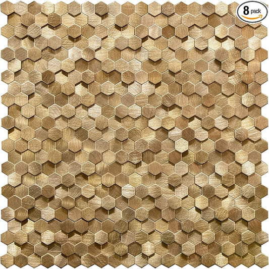 KASARO Peel and Stick Backsplash for Kitchen, 8 Pieces 3D Gold Hexagon Metal Mosaic Self Adhesive Wall Tiles Decorative for Living Room, Bathroom, Fireplace, 12”x12” by KASARO