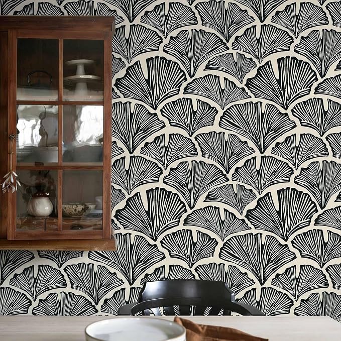 Vintage Peel and Stick Wallpaper Beige Black Wallpaper Farmhouse Cottage Leaf Contact Paper Renter Friendly Removable Wall Paper Botanical for Cabinets Bathroom Kitchen Laundry Vinyl 197" x 17.3" by DIYYOURMOON