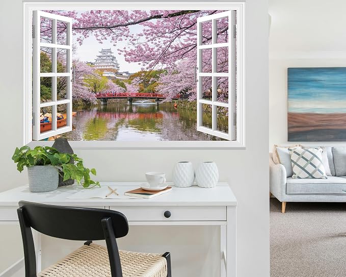 FLFK Fake Window Wall Mural - Cherry Blossom Faux Window Wall Sticker for Wall Decor, Peel and Stick Wall Decals,48"x32",Set of 2 Sheets - Image 3