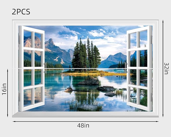 FLFK Fake Window Wall Mural - Trees in The Lake Faux Window Wall Sticker for Wall Decor, Peel and Stick Wall Decals,48"x32",Set of 2 Sheets - Image 2
