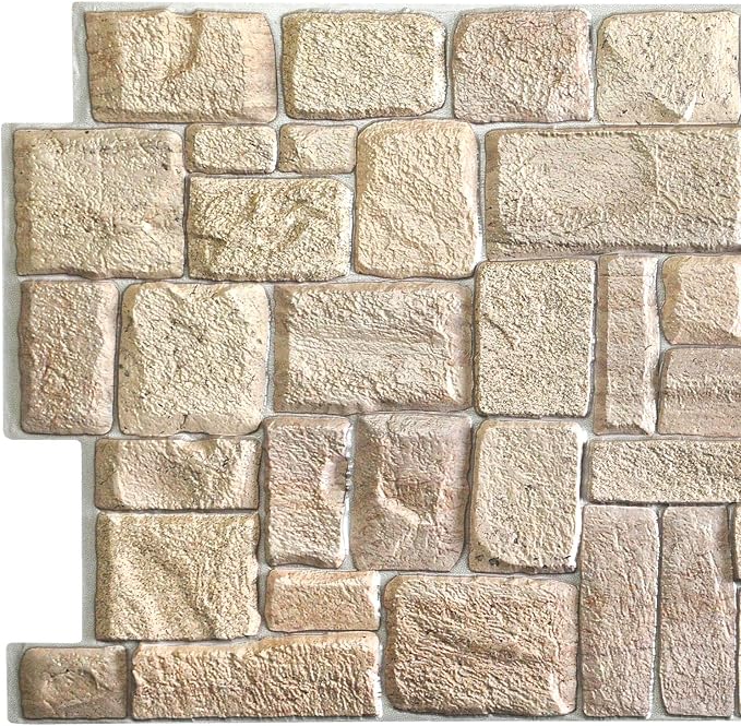 Dundee Deco PG7005 Beige Faux Limestone, 3.2 ft x 1.6 ft, PVC 3D Wall Panel, Interior Design Wall Paneling Decor, 5.3 sq. ft. by DundeeDeco