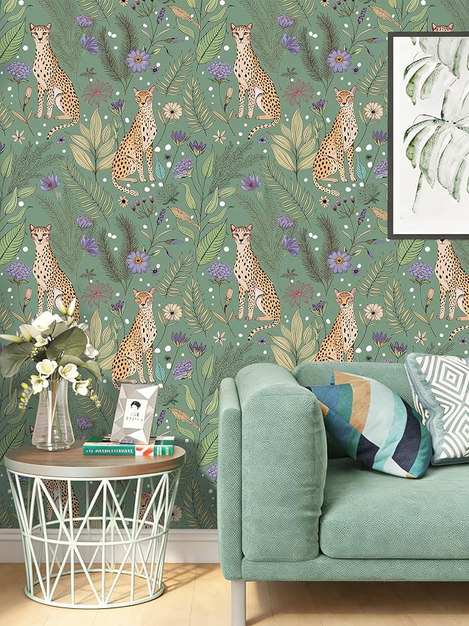 Floralplus Cheetah Peel and Stick Wallpaper Sage Green Wallpaper | Renter Friendly Wallpapers for Bathroom Jungle Leopard Textured Removable Contact Paper for Kitchen Bedroom 17.5 x 118 in - Image 5