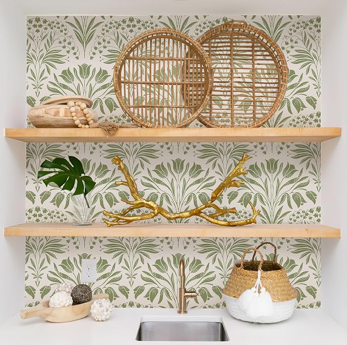 Green Tulip Floral Peel and Stick Wallpaper Retro Green Contact Paper | 17.3in X 197in Vintage Tulip Flowers Self Adhesive Wallpaper Boho Botanical Removable Wall Paper for Livingroom Decor - Image 4