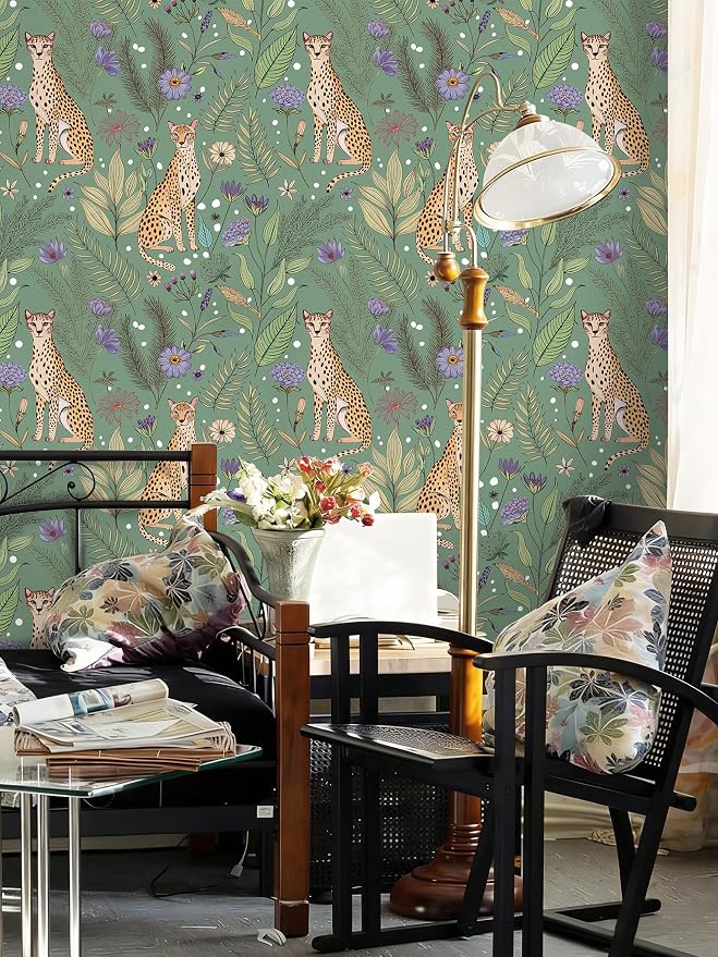 Floralplus Cheetah Peel and Stick Wallpaper Sage Green Wallpaper | Renter Friendly Wallpapers for Bathroom Jungle Leopard Textured Removable Contact Paper for Kitchen Bedroom 17.5 x 118 in - Image 9