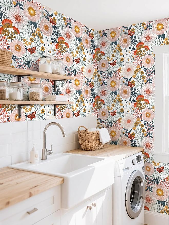 Dimoon Floral Wallpaper Peel and Stick Wallpaper Boho Retro Contact Paper 17.3''x385'' White Bohemian Vintage Removable Wall Paper Renter Friendly Waterproof Wall Mural Bedroom Bathroom Vinyl - Image 6