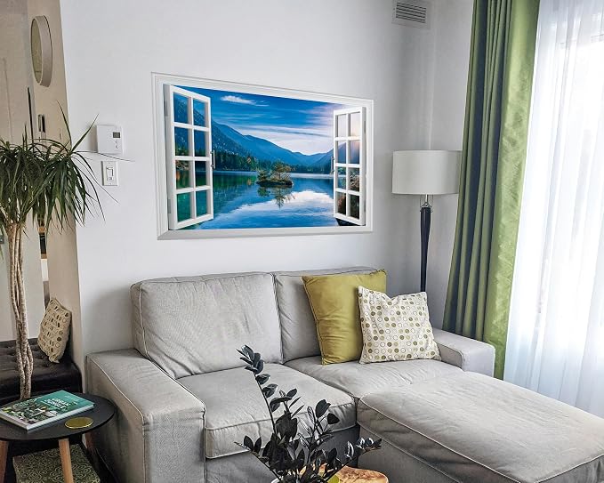 FLFK Fake Window Wall Mural - Mountain Lake Faux Window Wall Sticker for Wall Decor, Peel and Stick Wall Decals,48"x32",Set of 2 Sheets - Image 6