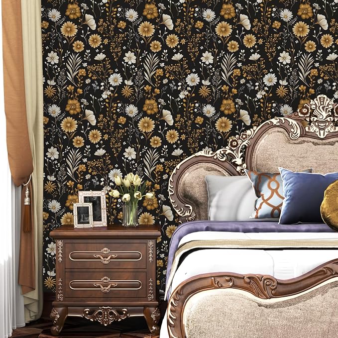 Laatse Floral Leaf Vintage Wallpaper Peel and Stick 17.5"x 118",Black | Self Adhesive/Removable/Waterproof/Thick Vinyl Contact Paper for Bathroom Bedroom Shelf Cabinet Drawer,Prepasted,Easy Peel - Image 2