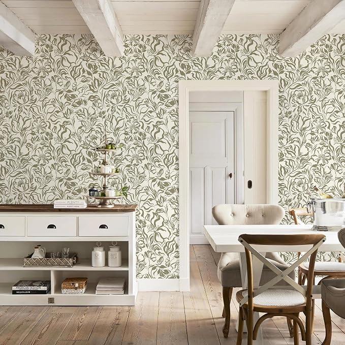 Ismoon Vintage Floral Wallpaper Peel and Stick Beige and Green Contact Paper 17.3in x 32.8ft Peony Flower Abstract Striped Floral Wallpaper for Bathroom Bedroom Removable Vinyl Renter Friendly - Image 8