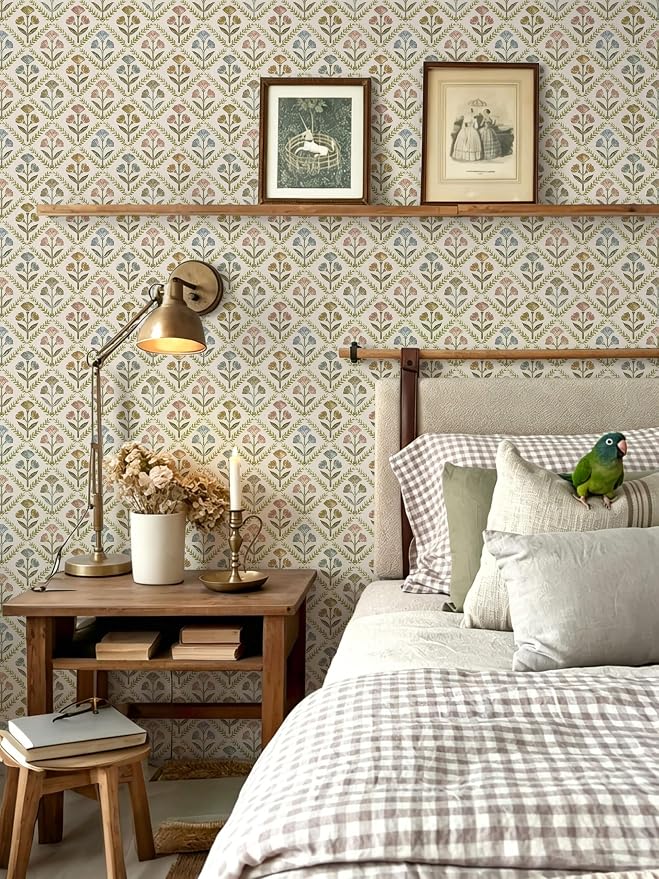 Dimoon Vintage Peel and Stick Wallpaper Retro Botanical Contact Paper Farmhouse Wallpaper Cottage Renter Friendly Removable Geometric Wall Paper for Bathroom Kitchen Textured Vinyl 17.3''x197'' - Image 5