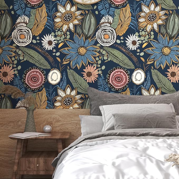 Laatse Boho Wallpaper Peel and Stick 17.5"x393", Navy Blue Contact Paper | Self Adhesive/Removable/Waterproof/Thick Vinyl Wall Paper for Bathroom Bedroom Shelf Cabinet Drawer,Prepasted,Easy Peel - Image 6