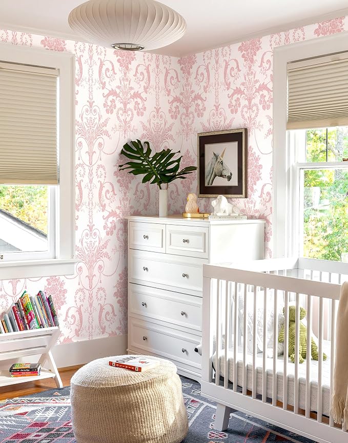 Damask Floral Peel and Stick Wallpaper Boho Pink and White Contact Paper | 17.3" X 394" Pink Damascus Decorative Wallpaper DIY Removable Self Adhesive Wallpaper for Bedroom Cabinets Covering Vinyl - Image 5