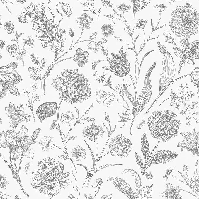 White Grey Vintage Floral Peel and Stick Wallpaper 17in x 197in | Floral Wallpaper Boho Removable Contact Paper Botanical Self Adhesive Decor Flower Wall Paper for Cabinets Bathroom by lenify