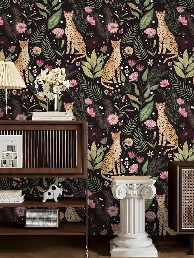 Floralplus Peel and Stick Wallpaper Black Floral Wallpapers for Bedroom | Jungle Leopard Wallpaper Removable Renter Friendly Self Adhesive Contact Paper Home Decor 17.5 x 118 in - Image 2