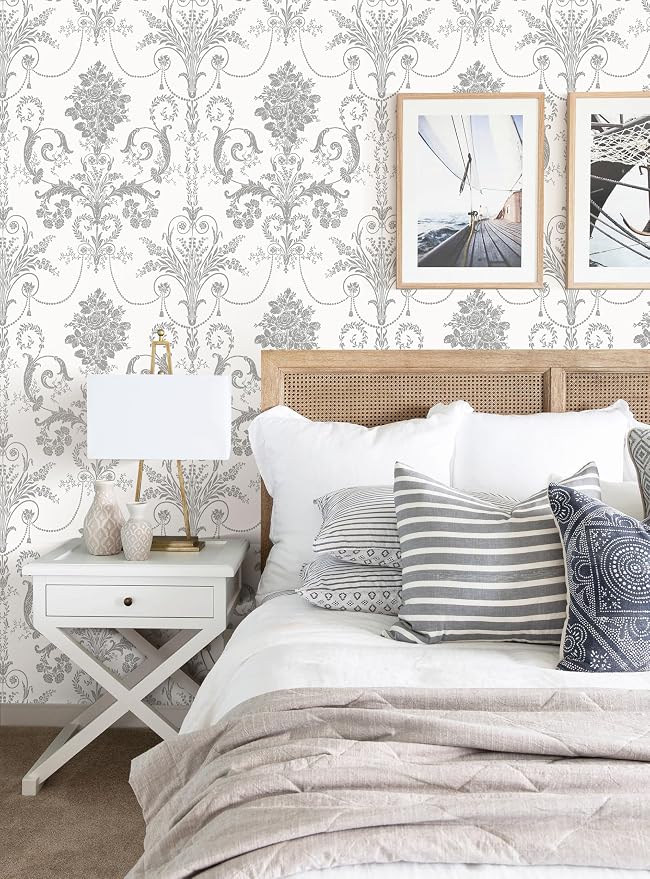 Silver Gray Removable Wallpaper Damascus Floral Peel and Stick Wallpaper | 17.3" X 118" Boho Grey Flower Contact Paper Self Adhesive Wallpaper Damask Floral Decorative Wallpaper for Bedroom Covering - Image 4