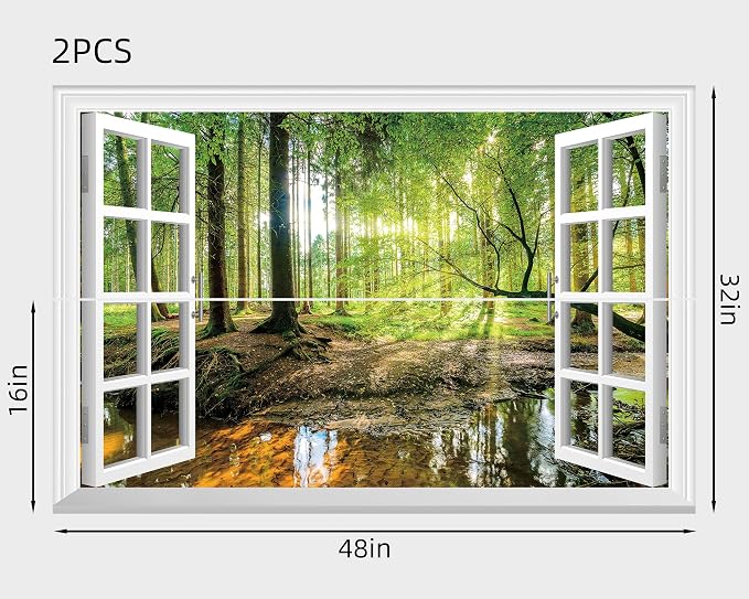 FLFK Fake Window Wall Mural - Forest Jungle Faux Window Wall Sticker for Wall Decor, Stick and Peel Wall Decals,48"x32",Set of 2 Sheets - Image 2