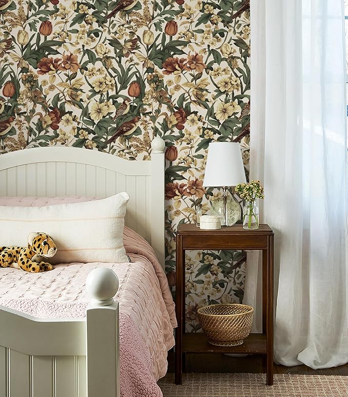 Erfoni Floral Birds Wallpaper Vintage Floral Peel and Stick Wallpaper Beige | 17.3" x118" Decoration DIY Self Adhesive Contact Paper Removable Wallpaper for Bedroom Cabinets Covering Boho Flower Leaf - Image 3