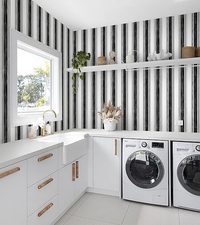 Safiyya Black and White Wallpaper Peel and Stick Hand-Painted Striped Contact Paper Modern Wall Paper Vinyl Self Adhesive Removable Wallpaper for Bedroom and Bathroom Kitchen 17.3"×78.7" - Image 4
