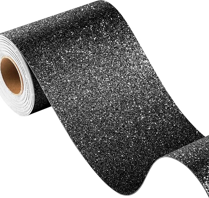 FunStick Black Wallpaper Border Peel and Stick Wall Borders Self Adhesive Fabric Glitter Wallpaper Decorative Removable Sparkle Black Contact Paper Border for Bedroom Walls Bulletin Board 3.9"x200" by FunStick