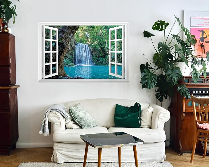 FLFK Fake Window Wall Mural - Waterfall and Lake in The Jungle Faux Window Wall Sticker for Wall Decor, Peel and Stick Wall Decals,48"x32",Set of 2 Sheets - Image 6