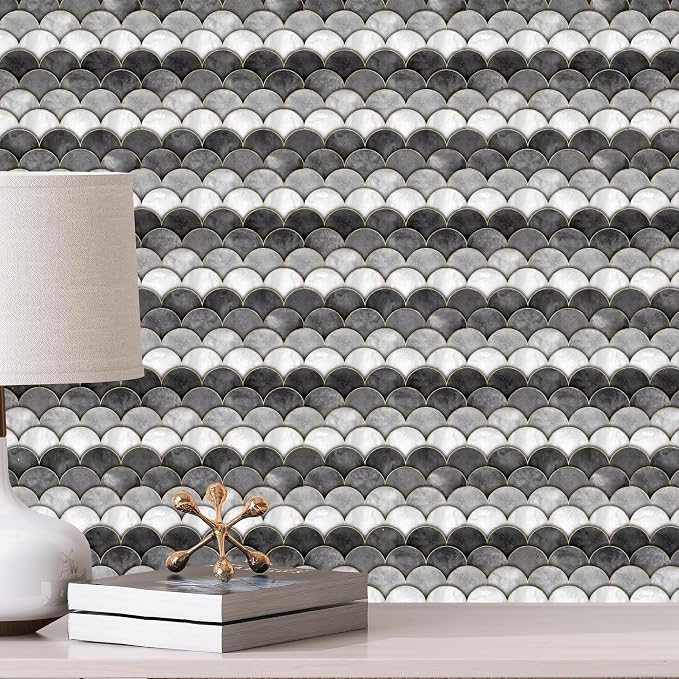 Main Street 3D Wall Panels, Black & Grey Scales, Peel and Stick, 8-Pack | 12 x 12 in panel size; Covers up to 8 sq ft; Peel and StickTextured 3D wall panels; For kitchens, bedrooms, accent walls - Image 2