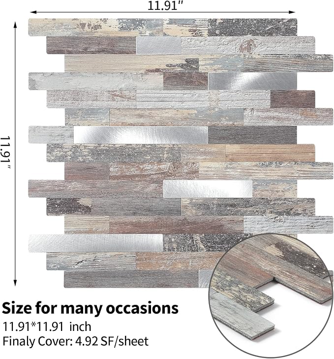 1 - Sheet Peel and Stick Wood Metal Tile Backsplash, Stick on Tiles for Backsplash Kitchen, Bathroom, Laundry Room, Camper, Fireplace (12''x12'',Sample in Light Wood) - Image 6