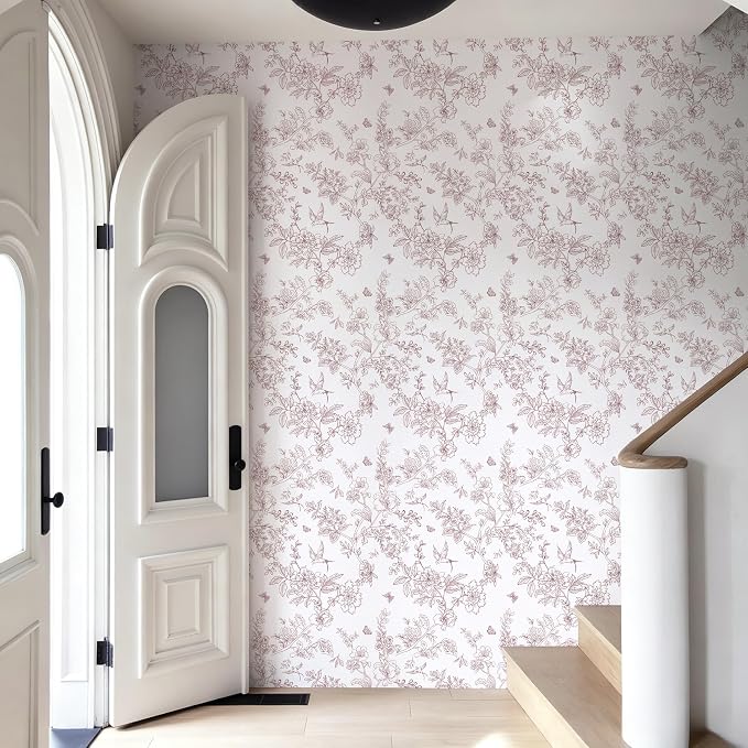 Froluya Floral Peel and Stick Wallpaper Vintage Red White 17.7in×118.1in | Red Floral Contact Paper Peel and Stick Boho Self Adhesive Wallpaper Flowers Birds Removable Wall Paper for Bathroom Decor - Image 9