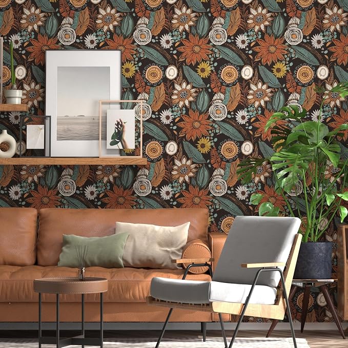 Laatse Boho Wallpaper Peel and Stick 17.5"x393",Brown Orange Contact Paper | Self Adhesive/Removable/Waterproof/Thick Vinyl Contact Paper for Bathroom Bedroom Shelf Cabinet Drawer,Prepasted,Easy Peel - Image 8