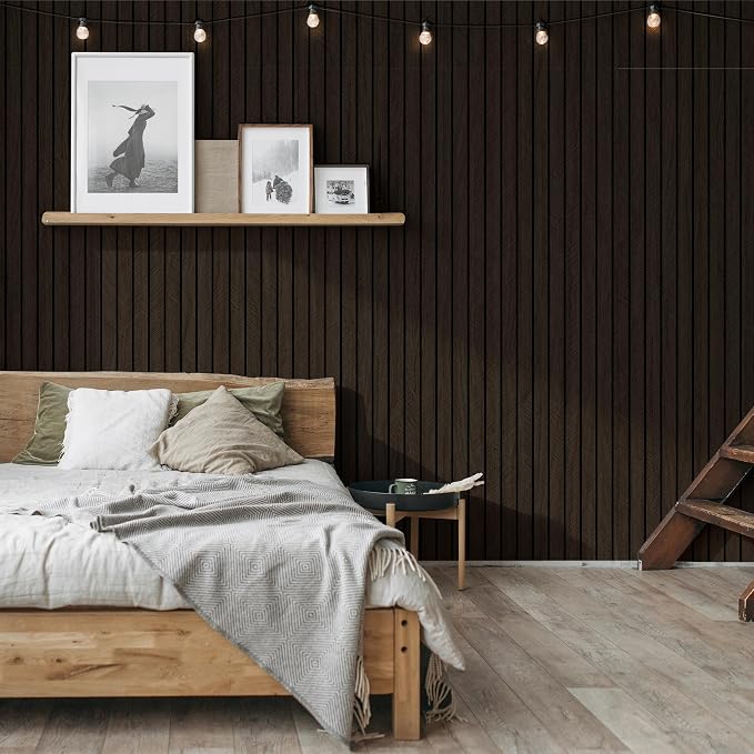 Rugreat 3D Wood Wall Panels Faux Wood Wallpaper Peel and Stick 15.7W 118L | Dark Brown Faux Walnut Wall Panels Soundproof Flexible Wood Slats Contact paper Self Adhesive Wallpaper for Accent Walls - Image 6