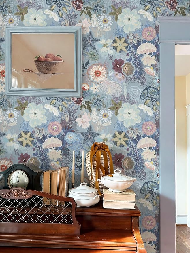 Ismoon Floral Peel and Stick Wallpaper Vintage Blue Contact Paper Jellyfish Ocean Stick on Wall Paper Removable Self Adhesive Vinyl Wallpaper for Bedroom Wall Decor Cabinet Refurbishment 17.3x393in - Image 3