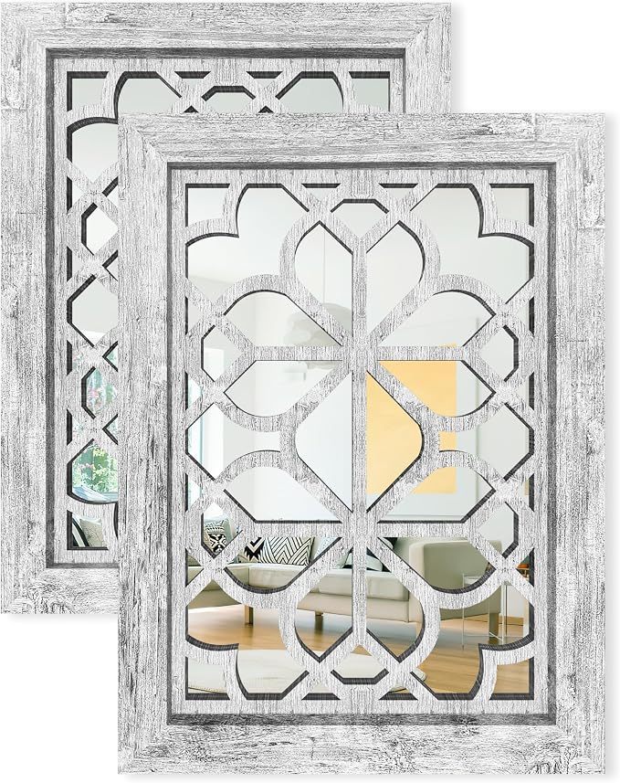 Set of 2 13x17 Inch Rectangular Shatterproof Decorative Wall Mirrors, Boho Farmhouse Rustic Vintage Grey Accent Mirrors for Living Room, Bedroom, Entryway & Home Wall Decor（Grey） by HMANGE