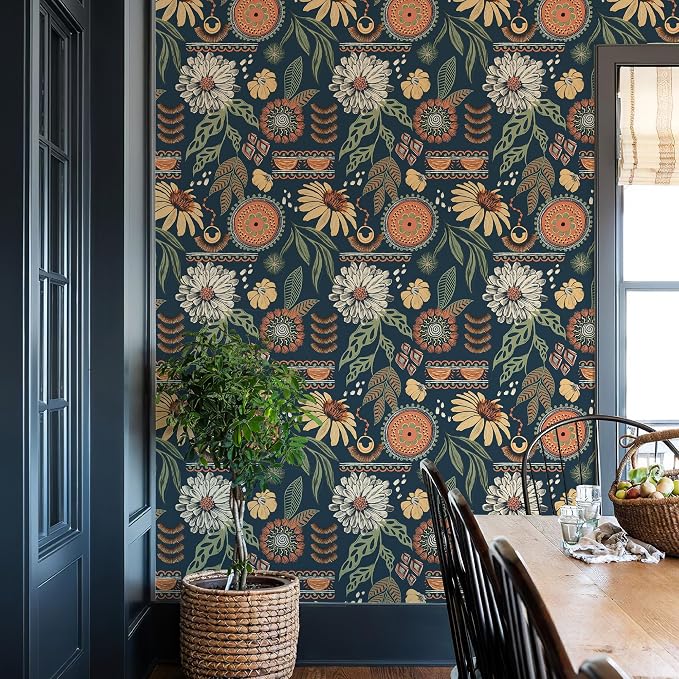 Simon&Siff Boho Sun Floral Retro Peel and Stick Wallpaper 17.3" x 800" | Removable Waterproof Self Adhesive Contact Paper Renter Friendly for Cabinets, Furniture, Bedroom, Bathroom, DIY Decor - Image 3