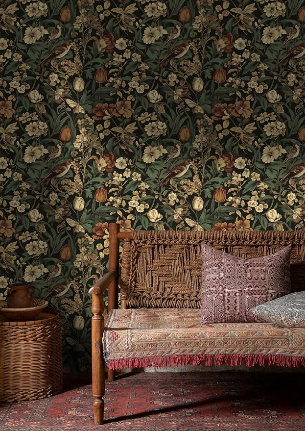 Erfoni Bird Floral Peel and Stick Wallpaper Vintage Contact Paper for Walls | 17.3" x 394" Floral and Leaf Self Adhesive Wallpaper Retro DIY Removable Decorative Wallpaper for Livingroom Vinyl Roll Dark - Image 2