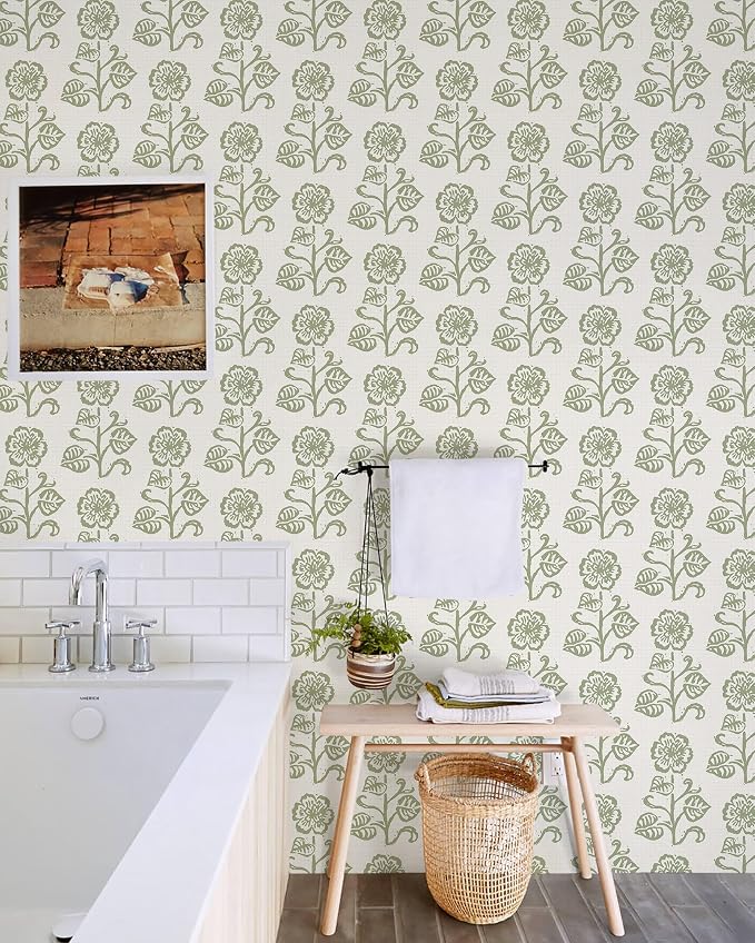 Dimoon Vintage Peel and Stick Wallpaper Sage Green Floral Contact Paper 17.3''x394'' Retro Cottage Beige Wallpaper Boho Removable Renter Friendly Embossed Wall Paper for Bathroom Bedroom Decor Vinyl - Image 9