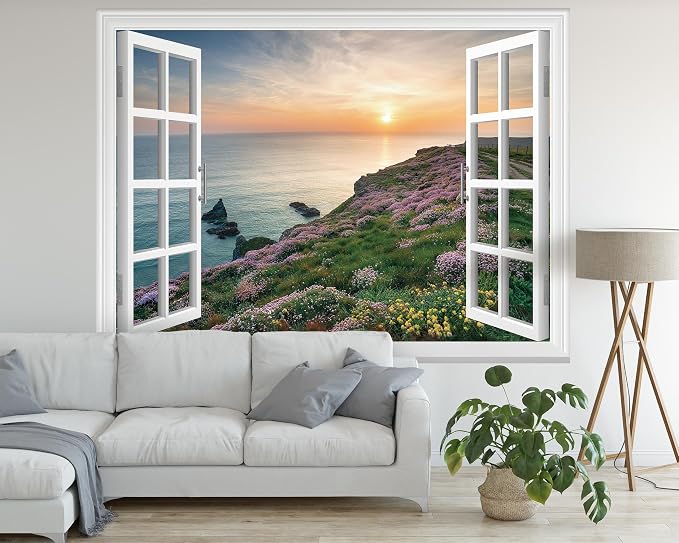 FLFK Fake Window Wall Mural - Sunset Over The Sea Faux Window Wall Sticker for Wall Decor, Stick and Peel Wall Decals,80"x60",Set of 5 Sheets - Image 5