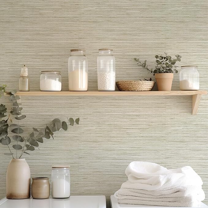 HueBurst Grasscloth Peel and Stick Wallpaper 17.3" x 197" Renter Friendly, Cream Textured Grassweave Wallpaper Self Adhesive Removable for Bathroom Bedroom - Image 3