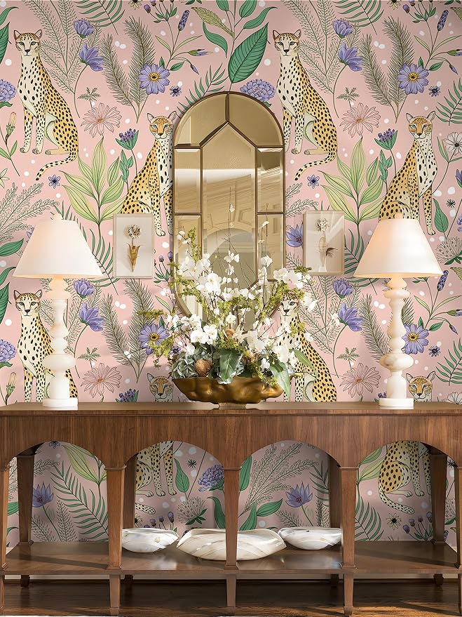 Floralplus Pink Leopard Wallpaper Floral Peel and Stick Wallpaper | Renter Friendly Removable Jungle Animal Wallpapers for Bedroom Stick On Floral Contact Paper for Nursery 17.5 x 118 in - Image 3