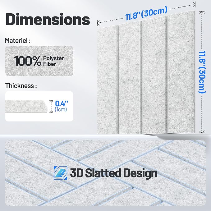 20 Pack Sound Proof Foam Panels for Walls, Acoustic Panels Self-Adhesive | 12" X 12" X 0.4" Slatted Soundproof Wall Panel, High Density Sound Absorbing Panel for Gaming Recording Studio Decor-Gray - Image 7