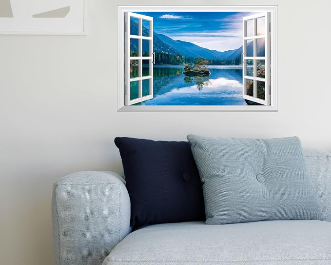FLFK Fake Window Wall Decal - Mountain Lake Faux Window Wall Mural for Wall Decor, Peel and Stick Wall Sticker,24"x16" - Image 3