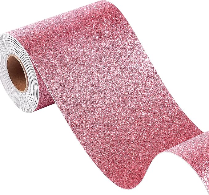 FunStick 3.9"x472" Dark Pink Glitter Peel And Stick Bathroom Mirror Frame Self Adhesive Sparkle Pink Wall Paper Stickers For Classroom Bulletin Board Waterproof by FunStick