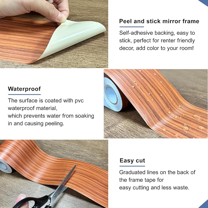 TIANLDD 27 FT Wood Grain Wallpaper Border, Removable Waterproof Mirror Border Peel and Stick,Bathroom Mirror Frame Border.(Brown Oak) - Image 4