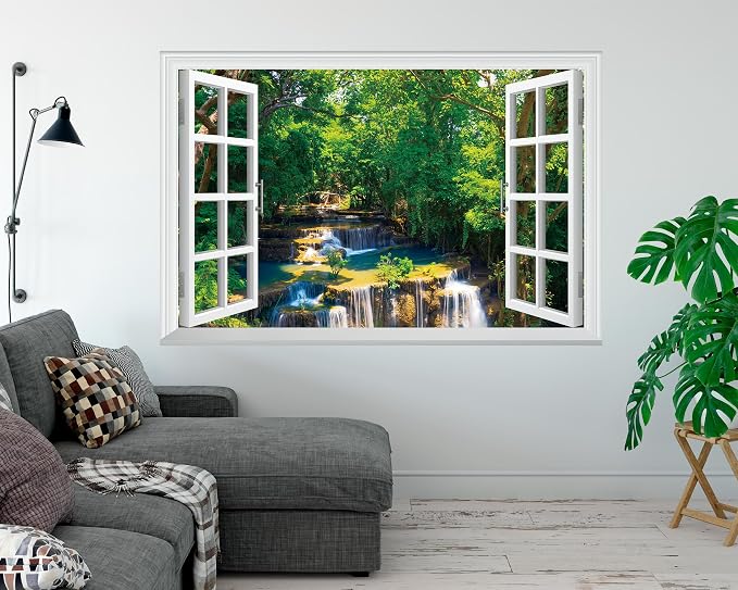 FLFK Fake Window Wall Mural - Jungle Waterfall Faux Window Wall Sticker for Wall Decor, Peel and Stick Wall Decals,48"x32",Set of 2 Sheets - Image 3