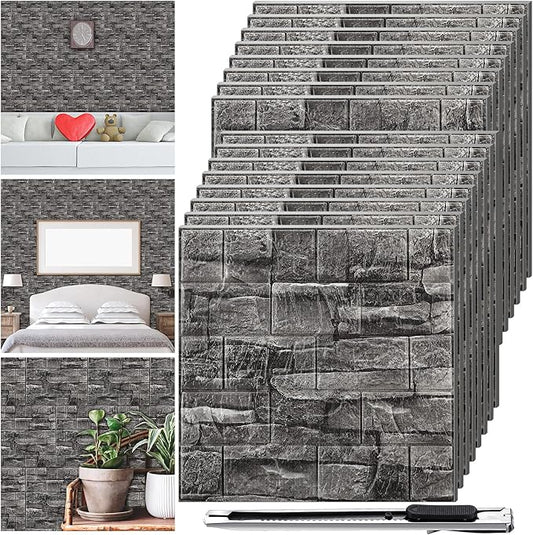 Colarr 60 Pcs 58 Sq ft 3D Wall Panels Peel and Stick Faux Foam 3D Brick Wallpaper Faux Paneling Adhesive Wall Covering Panels Decorative Medieval Tiles Waterproof for Bedroom(Black Stone Color) by Colarr