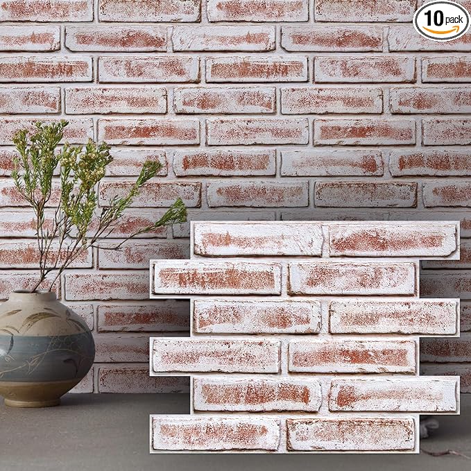 3D Faux Brick Wall Panels Peel and Stick, Designed for Quick DIY | White with Red, 10 Pcs 15.7" x 11.8", Brick-Look, Light PVC Fake Brick Covering Tiles for Wall Renovation, Cover 12.9 sq ft by SMOOSTIKCDECOR