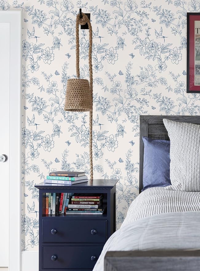 Froluya Cream White and Blue Peel and Stick Wallpaper Floral Contact Paper | 17.7in×118.1in Blue Floral Wallpaper Peel and Stick Vintage Flower Bird Self Adhesive Removable Wall Paper for Bathroom Vinyl - Image 9