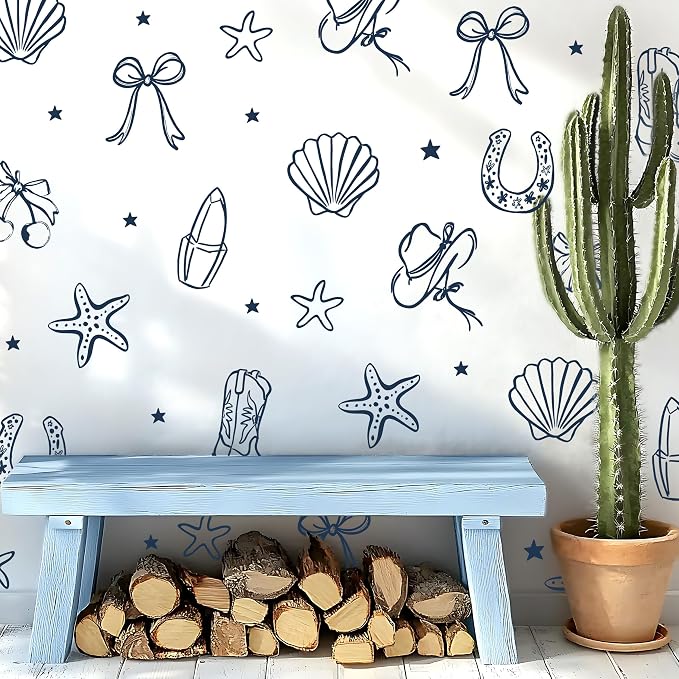 Seaside Cowgirl Wall Decals, Peel and Stick Under the Sea Coastal Cowgirl Mural, Western Beach Wall Stickers for Kids, Boys and Girls Room & Nursery Decor (Dark Blue Cowgirl Bow Wall Decals) - Image 8