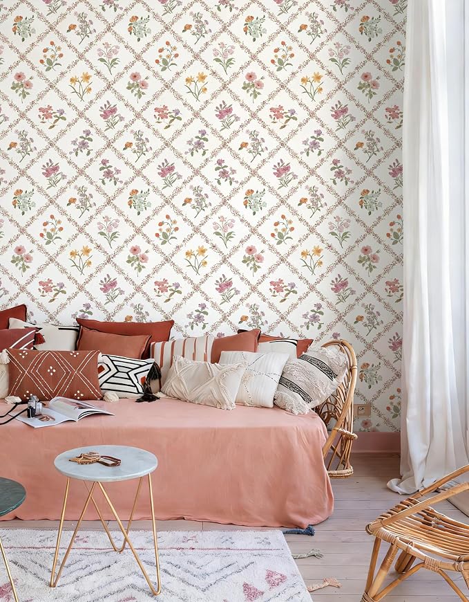 16.9in x118in Red Floral Peel and Stick Wallpaper Watercolor Floral Leaf | Boho Self Adhesive Wallpaper Modern Trellis Contact Paper DIY Removable Wallpaper for Bedroom Cabinets Drawers Decor Vinyl - Image 8