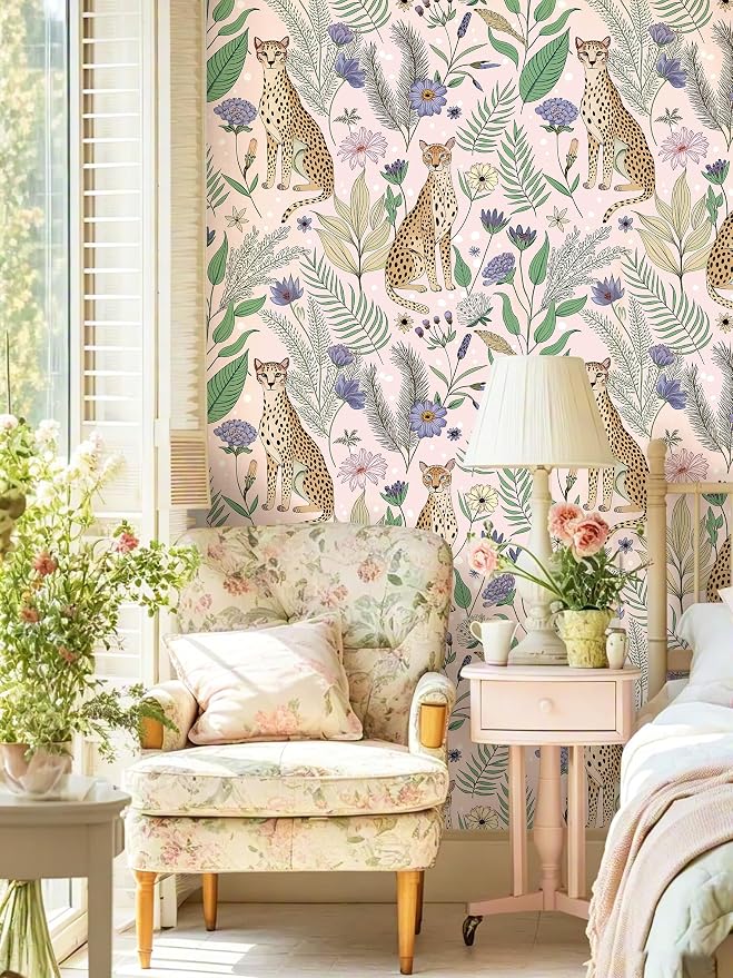 Floralplus Wallpaper Peel and Stick Vintage Pink Floral Wallpaper | Renter Friendly, Removable, Self Adhesive, Jungle Leopard Wallpaper, Textured Contact Paper for Nursery, 17.5 x 118 in - Image 3