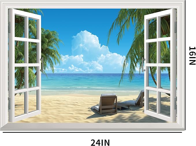 FLFK Fake Window Wall Sticker - Summer Beach Faux Window Wall Mural for Wall Decor, Stick and Peel Wall Decals,16"x24" - Image 2