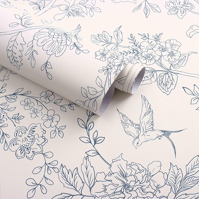 Froluya Cream White and Blue Peel and Stick Wallpaper Floral Contact Paper | 17.7in×118.1in Blue Floral Wallpaper Peel and Stick Vintage Flower Bird Self Adhesive Removable Wall Paper for Bathroom Vinyl by Froluya